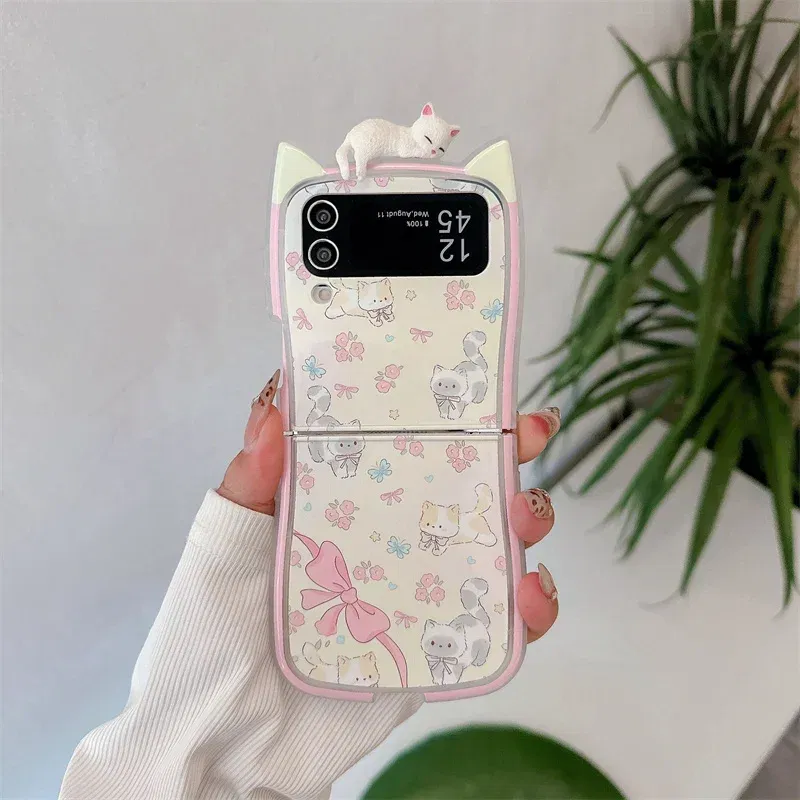 Color: Ivory, Material: Neoprene - 3D Flower Cat Bracelet Phone Case For Samsung Galaxy Z Flip 7 FE 6 5 4 3 ZFlip6 Z Flip6 ZFlip 6 Cat Ears Shockproof Cover