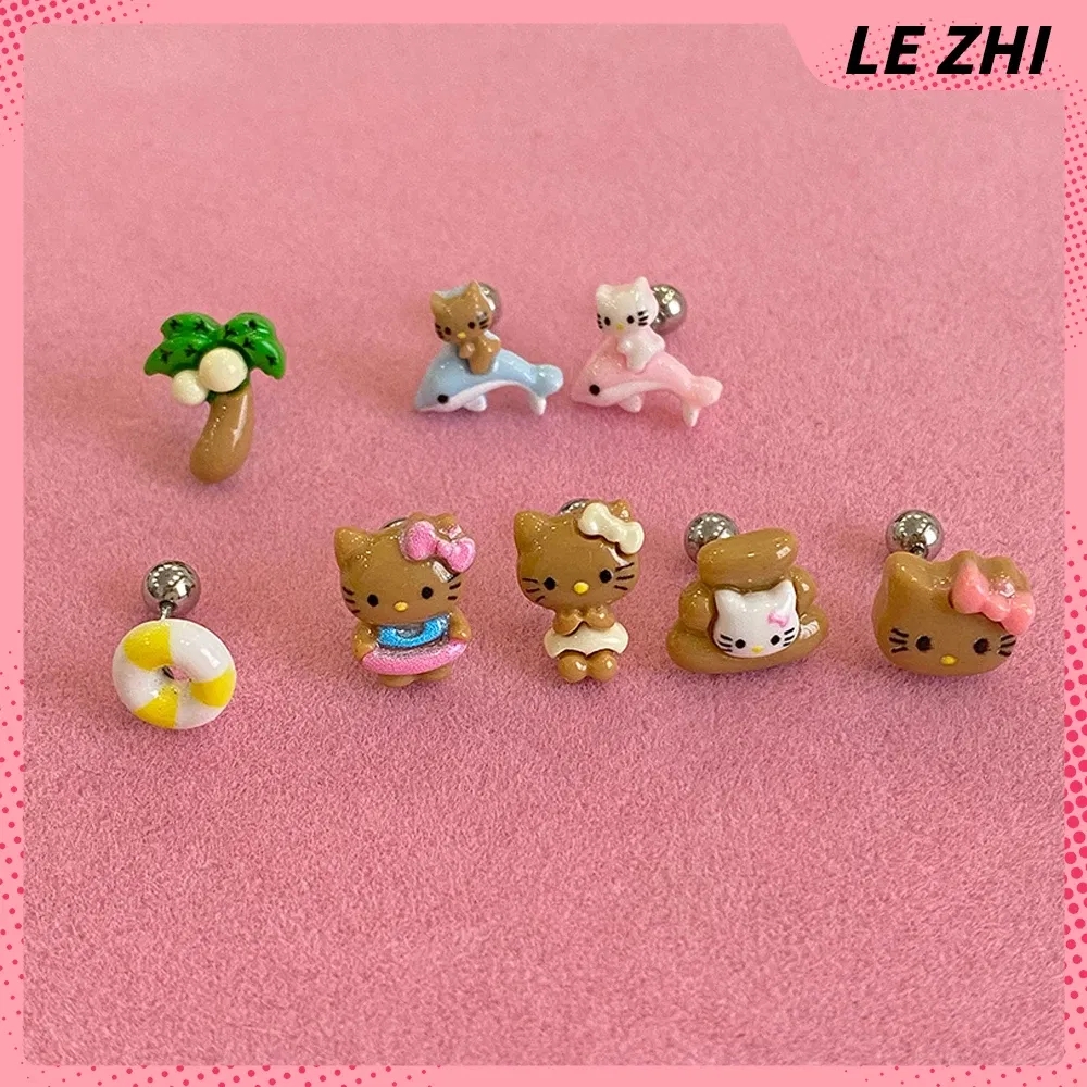 Color: light green, Size: L - Hawaii HelloKitty Cute Ear Stud Coconut Palm Earrings Anime Accessories Maiden Heart Girls Birthday Present Fashion Jewelry Gift