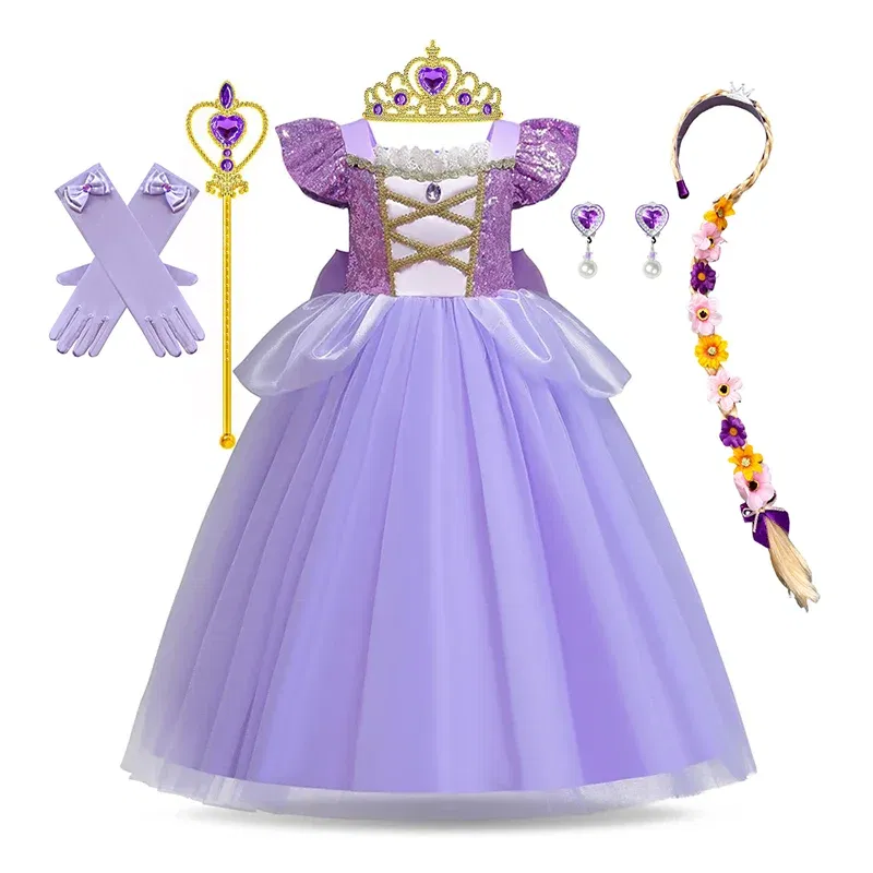 Color: Gold, Kid Size: 14 - Disney Deluxe Elegant Rapunzel Princess Ball Gown Fancy Birthday Party Dress Cinderella Vestidos Costume Play Carnival Apparel
