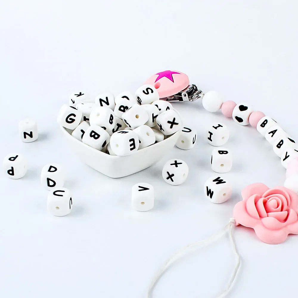 Color: Chocolate - 100Pcs Baby Teether 12mm Silicone Letters Beads Pacifier Clip Chain Personalized Name Letter Beads Teething Nursing Toy BPA Free