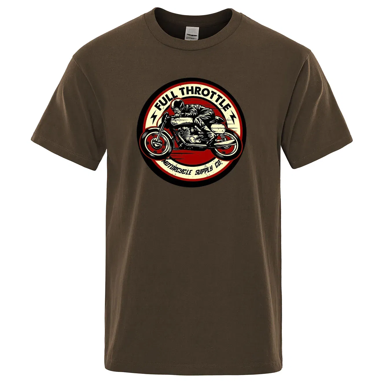Color: Brown, Size: XXL - Full Throttle Cafe Racer Rockabilly Biker Printed T-Shirt Men Fashion Casual Short Sleeve Loose Cotton Tshirt Summer Loose Tees