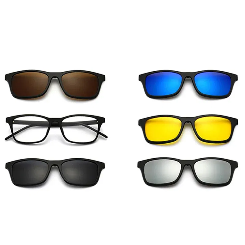 Lenses Color: Black, Ships From: CHINA, Frame Color: WHITE - 6 In 1 Magnetic Clip Sunglasses And Prescription Glasses Frame Men Women Polarized or Night Vision Lenses PC or TR90 Frame 2333