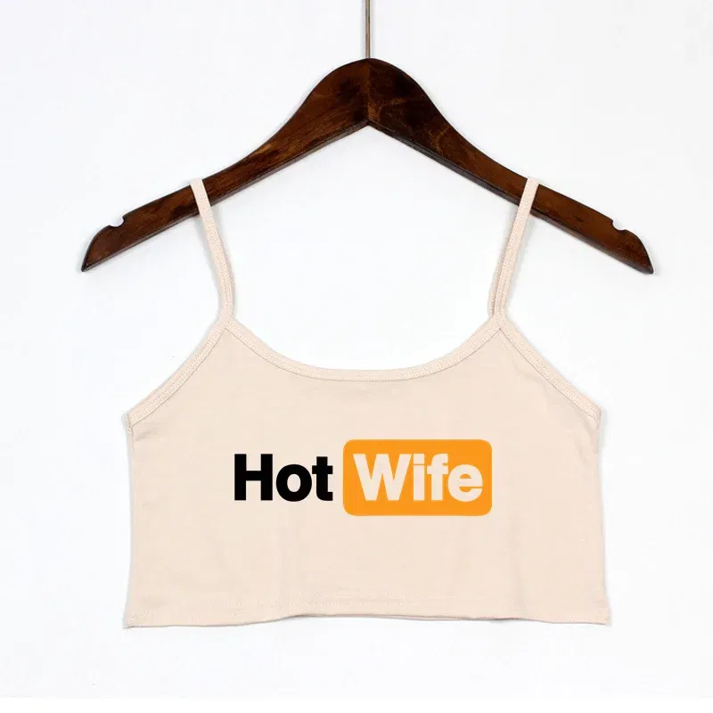 Color: SKY BLUE, Size: S - Funny HOT WIFE Letters Print New Sexy Crop Top Summer Women's Sexy Elastic Cotton Camis Sleeveless Short Tank Top Bar Women