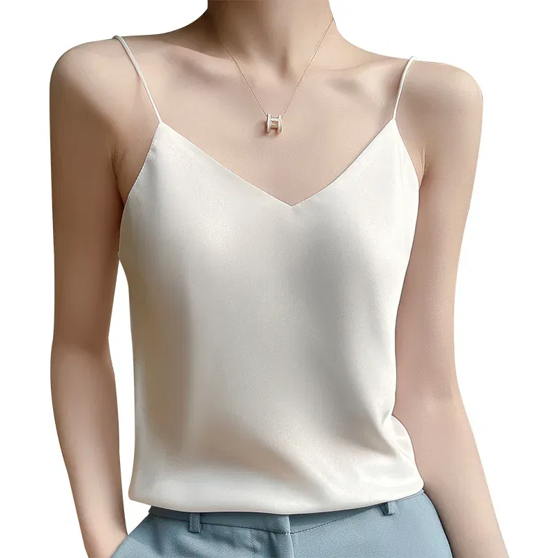 Color: green, Size: XXL - Fashion Silky Camisole Women's Inner With White Bottoming Satin Top Summer V-neck Thin Section