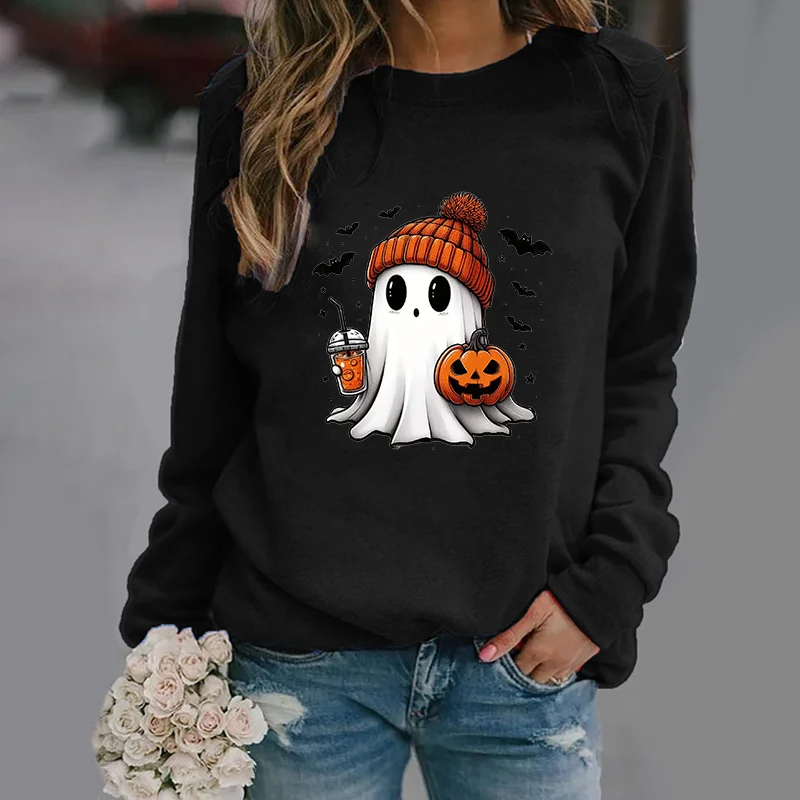 Color: black, Size: S - Cute Ghost Pattern Sweater Women's Casual Halloween Ghost Harajuku Pullover Fall Women's Tops