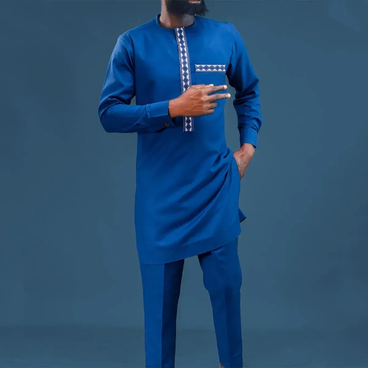 Color: ROYAL BLUE, Size: XL - 2025 New men's suit, white pocket, 2-piece set, luxury wedding casual suit, traditional African style of ethnic minorities