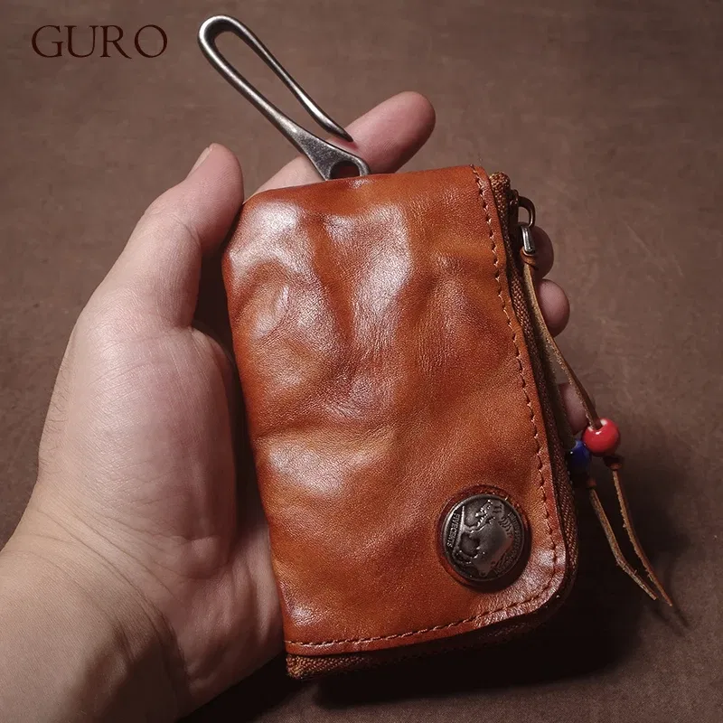Color: black, Ships From: CHINA - GURO High Quality Genuine Leather Home Car Key Bag Retro Men Handmade Top Cowhide Coin Purse Women Zipper Mini Wallet Card Holde