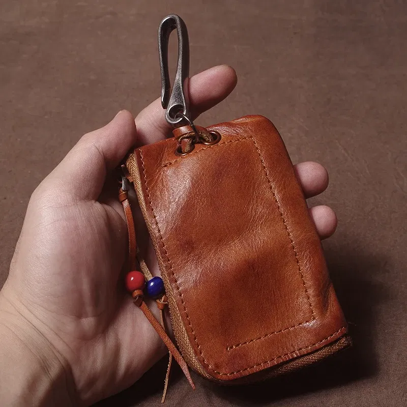 Color: black, Ships From: CHINA - GURO High Quality Genuine Leather Home Car Key Bag Retro Men Handmade Top Cowhide Coin Purse Women Zipper Mini Wallet Card Holde