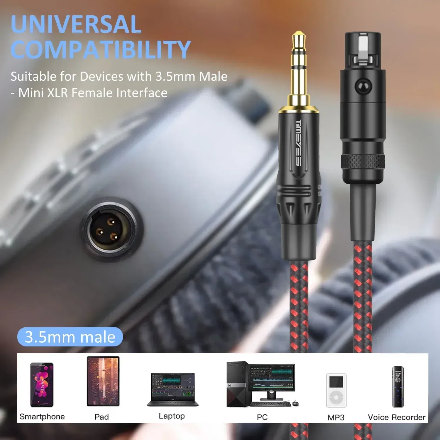 Color: Black, Length: 20m - TIMEYES 3.5mm To Mini XLR Female Stereo Audio Cable 1/8 Inch TRS To 3-pin Mini XLR Female Headphones Audio Cable