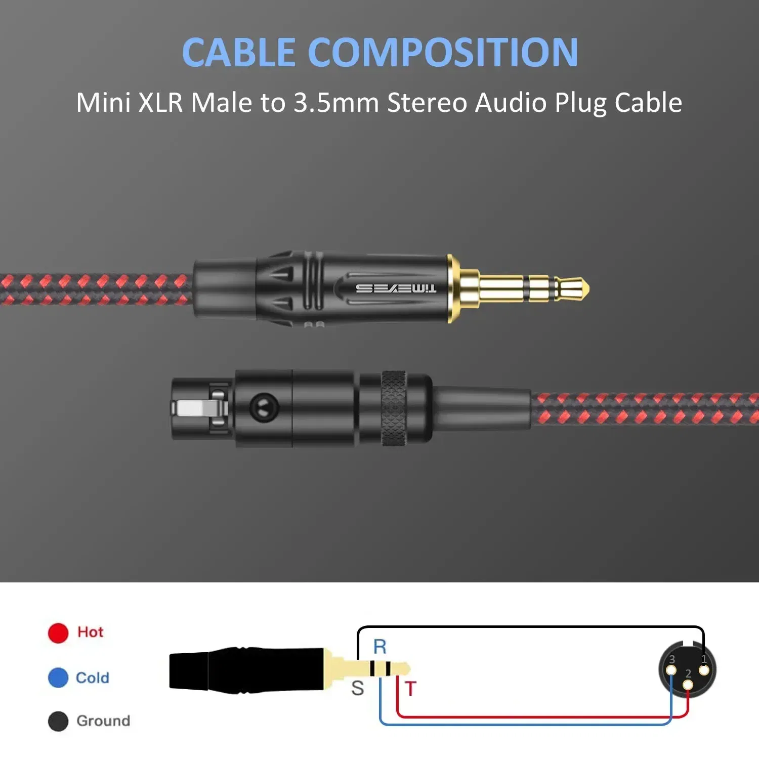 Color: Black, Length: 20m - TIMEYES 3.5mm To Mini XLR Female Stereo Audio Cable 1/8 Inch TRS To 3-pin Mini XLR Female Headphones Audio Cable