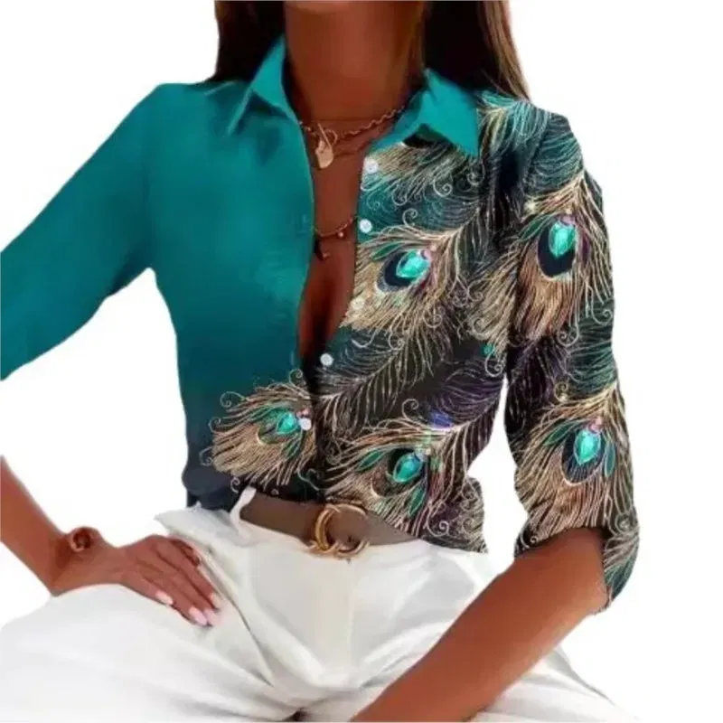 Color: Beige, Size: M - Fashionable Ladies Trendy Long Sleeved Shirt With Feather Gemstone Print Buttons Lapel Shirt Sleeves Autumn Elegant Ladies Shirt