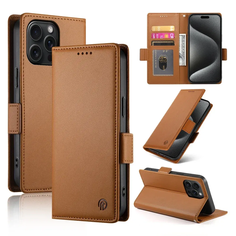 Color: Brown, Material: Plastic - PU Leather Flip Phone Case For iPhone 16 15 Pro Max 16E 14 13 1211 XS Max XR X 8 7 Plus SE KickStand Cards Solt Wallet Cover