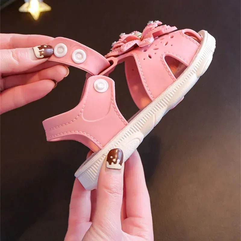 Color: black, Shoe Size: 5.5 - Solid Bow Children's Summer Shoes Cute PVC Beach Non Slip Sandals For Baby Girls Footwear Soft Infant Kids Fashion Sandals