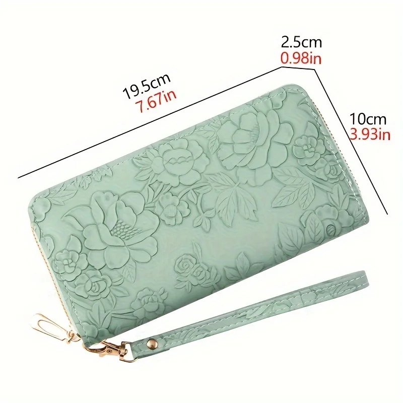 Color: Gold - Floral Embossed Long Wallet, PU Leather Credit Card Holder, Simple Trendy Phone Coin Clutch Purse For Women Hand-painted Wallet