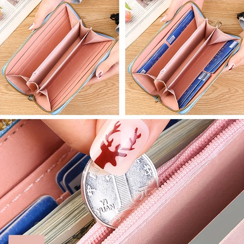 Color: Gold - Floral Embossed Long Wallet, PU Leather Credit Card Holder, Simple Trendy Phone Coin Clutch Purse For Women Hand-painted Wallet