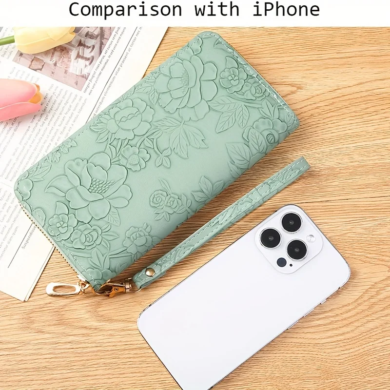 Color: Gold - Floral Embossed Long Wallet, PU Leather Credit Card Holder, Simple Trendy Phone Coin Clutch Purse For Women Hand-painted Wallet