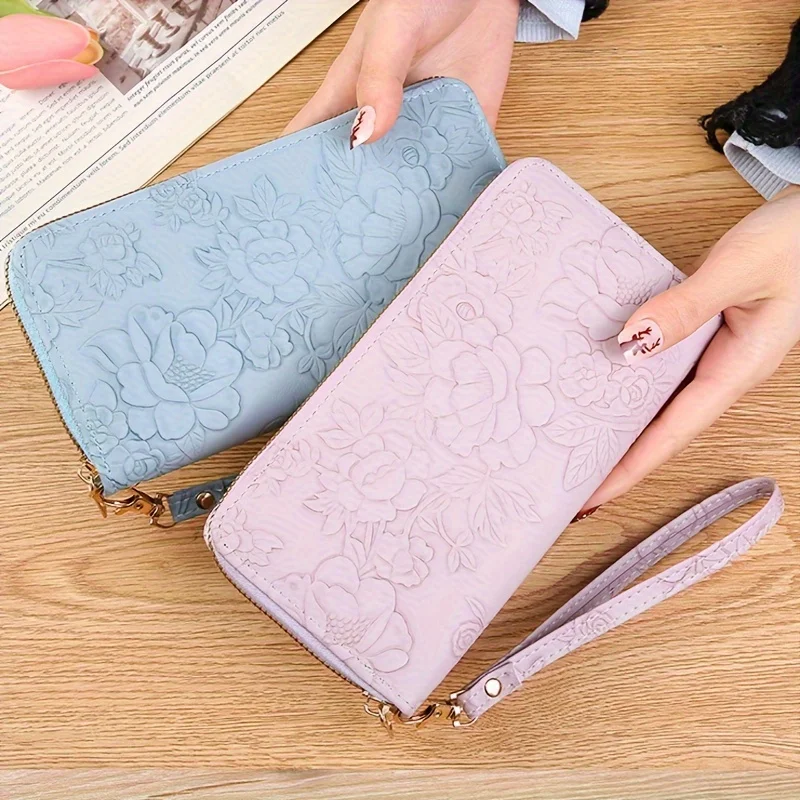Color: Gold - Floral Embossed Long Wallet, PU Leather Credit Card Holder, Simple Trendy Phone Coin Clutch Purse For Women Hand-painted Wallet