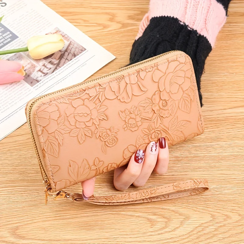 Color: Gold - Floral Embossed Long Wallet, PU Leather Credit Card Holder, Simple Trendy Phone Coin Clutch Purse For Women Hand-painted Wallet
