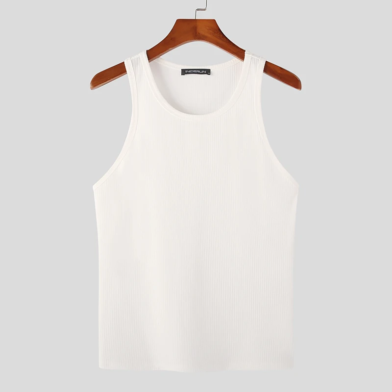 Color: WHITE, Size: L - INCERUN Men Tank Tops Solid Color O-neck Sleeveless Streetwear Summer Casual Vests Skinny 2023 Fashion Leisure Men Clothing 5XL