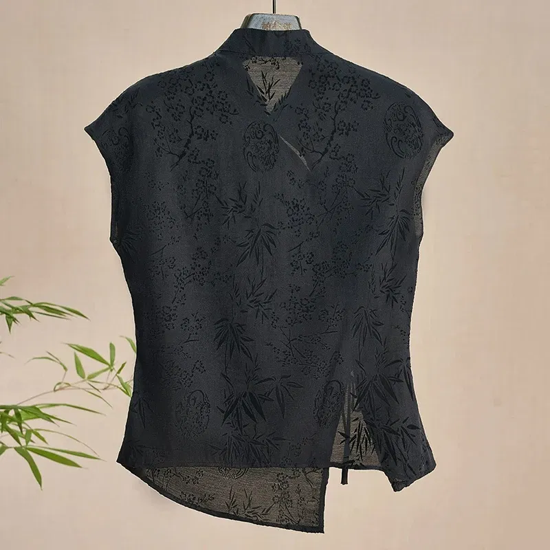 Color: black, Size: M - Retro Thin Shirt New Chinese Style Cheongsam Top Black Jacquard Short Sleeve T-shirt Summer Mature Fashion Women's Clothing