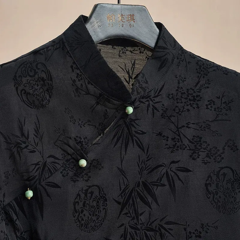 Color: black, Size: M - Retro Thin Shirt New Chinese Style Cheongsam Top Black Jacquard Short Sleeve T-shirt Summer Mature Fashion Women's Clothing