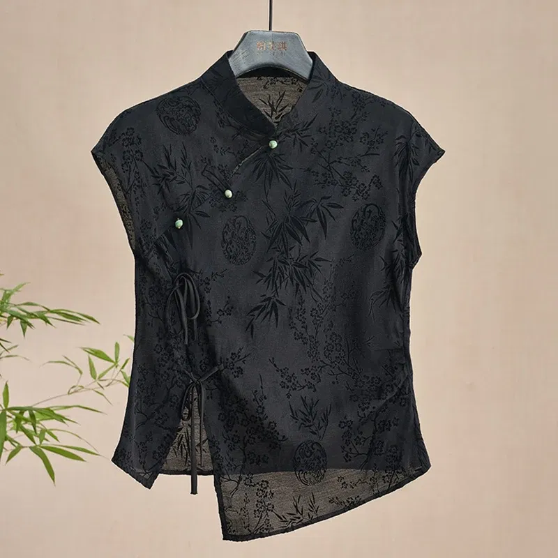 Color: black, Size: M - Retro Thin Shirt New Chinese Style Cheongsam Top Black Jacquard Short Sleeve T-shirt Summer Mature Fashion Women's Clothing