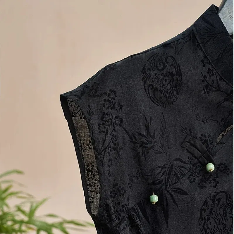 Color: black, Size: M - Retro Thin Shirt New Chinese Style Cheongsam Top Black Jacquard Short Sleeve T-shirt Summer Mature Fashion Women's Clothing