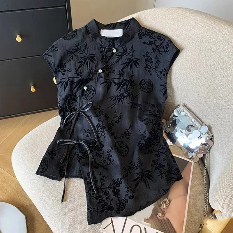 Color: black, Size: M - Retro Thin Shirt New Chinese Style Cheongsam Top Black Jacquard Short Sleeve T-shirt Summer Mature Fashion Women's Clothing