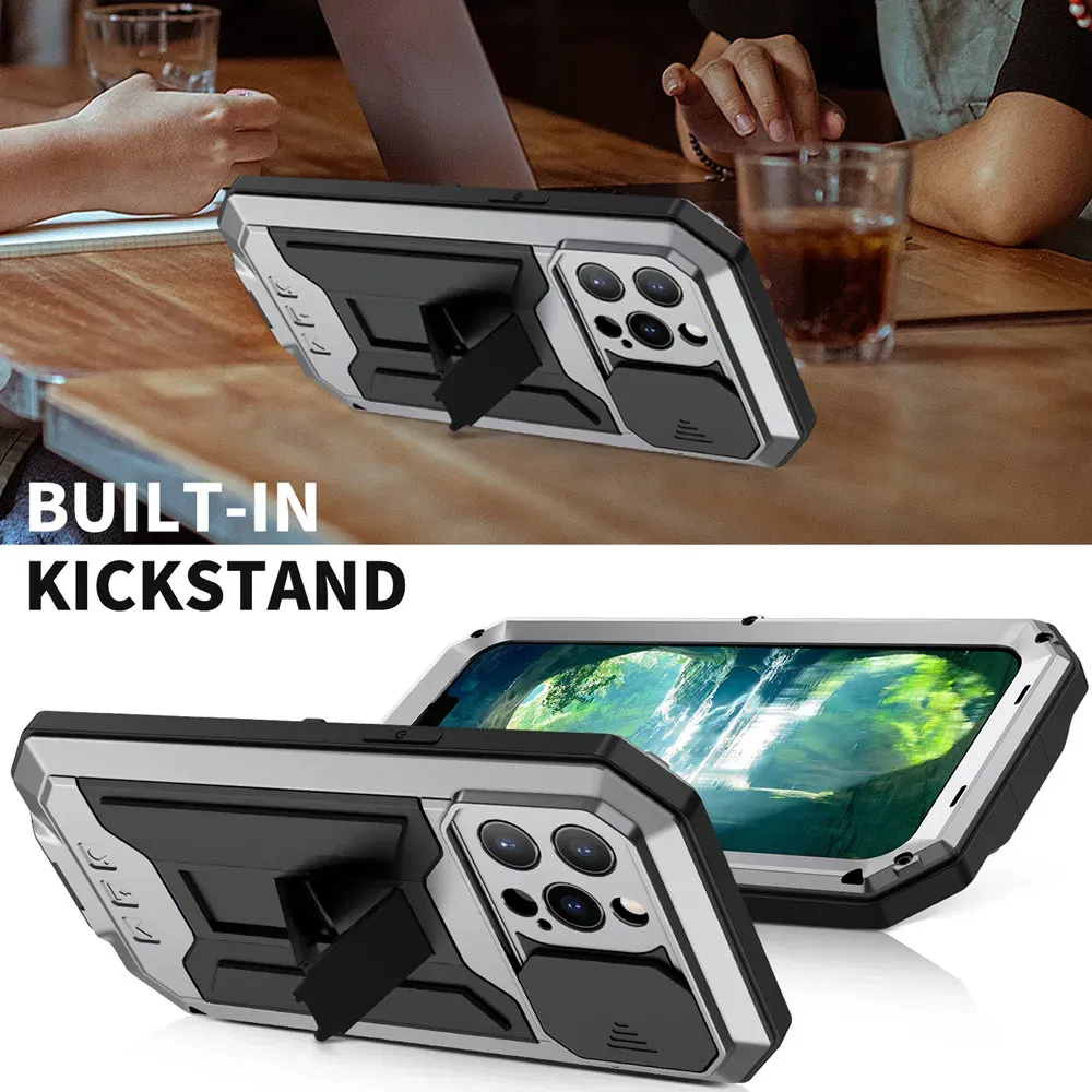 Color: Yellow, Material: nylon - Heavy Duty Metal Aluminum Case For iPhone 14 13 15 Pro Max Military Grade Shockproof Bumpers Armor Kickstand Camera Slider Cases