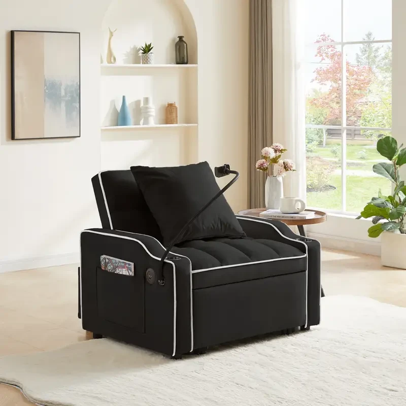 3 in 1 Convertible Sleeper Sofa Chair Bed with Adjustable Backrest, Phone Holder, and USB Type-C - Black