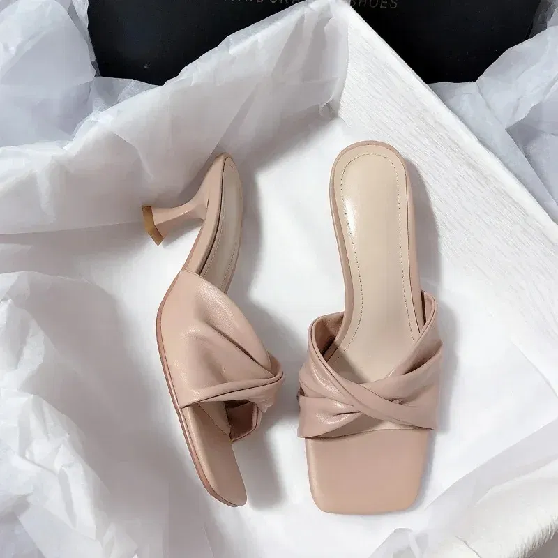 Color: light yellow, Shoe Size: 38 - Fashion Summer Women Shoes New Handmade Square Open Toe High Heels Outdoor Fashion Slippers Apricot Off White
