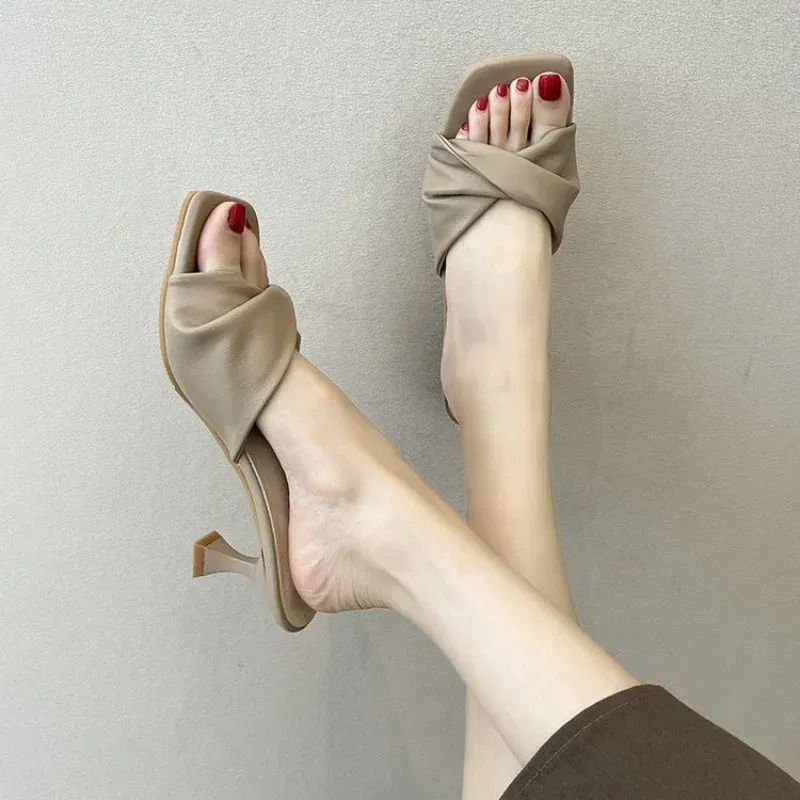 Color: light yellow, Shoe Size: 38 - Fashion Summer Women Shoes New Handmade Square Open Toe High Heels Outdoor Fashion Slippers Apricot Off White