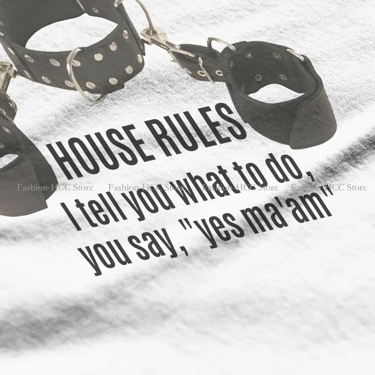 Color: WHITE, Size: L - BDSM Bondage Discipline Dominance Submission Polyester TShirts Collar Cuffs House Rules Female Print Homme T Shirt Hipster Tops