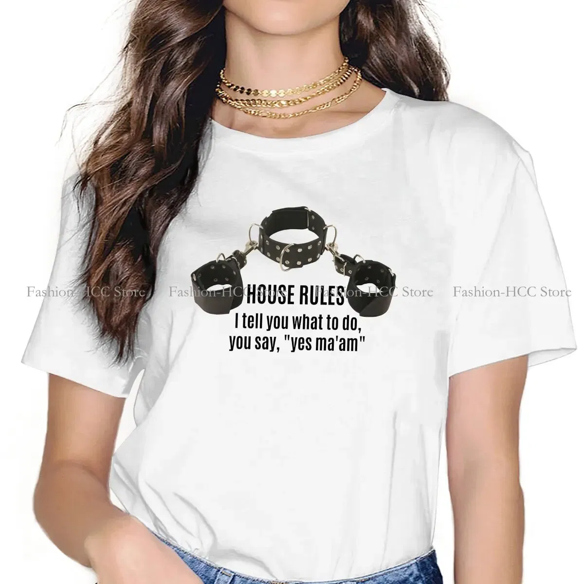 Color: WHITE, Size: L - BDSM Bondage Discipline Dominance Submission Polyester TShirts Collar Cuffs House Rules Female Print Homme T Shirt Hipster Tops