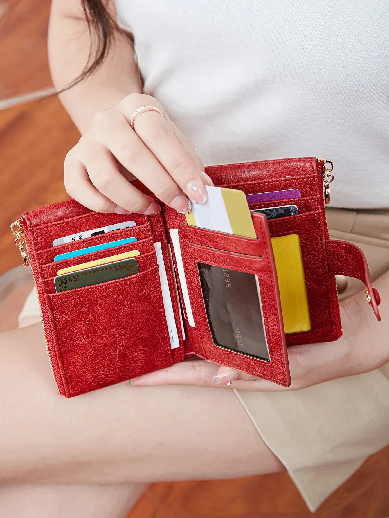 Color: Pink - Minimalist Women's Wallet Short Three Layer Large Capacity Double Zipper Card Holder ID Card Credit Bank Card Holder Money Bag