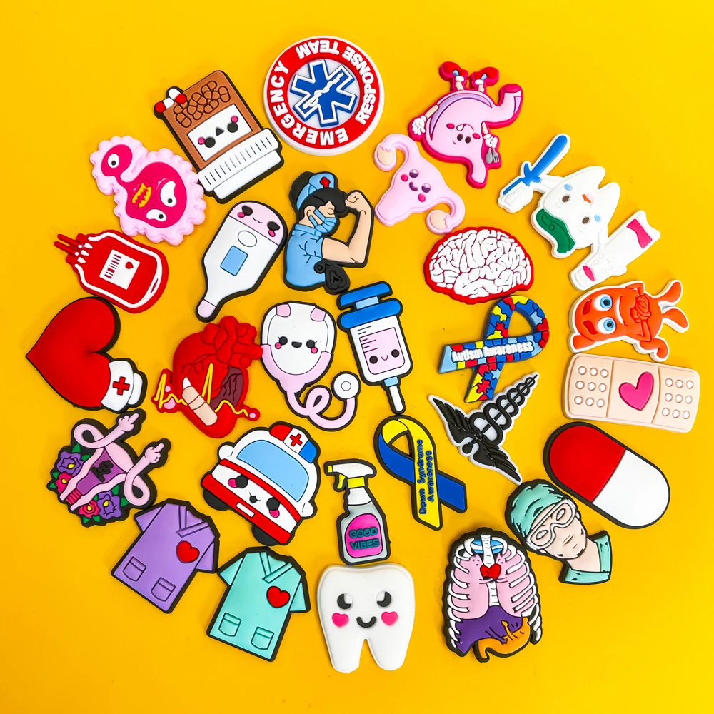 Color: Lemon yellow - 1pcs Medical Clog Accessories Stethoscope Syringe Gibit Shoe Charm Clog Pins Teeth Uterus Nurse Clips Jeans Girl Women Gift