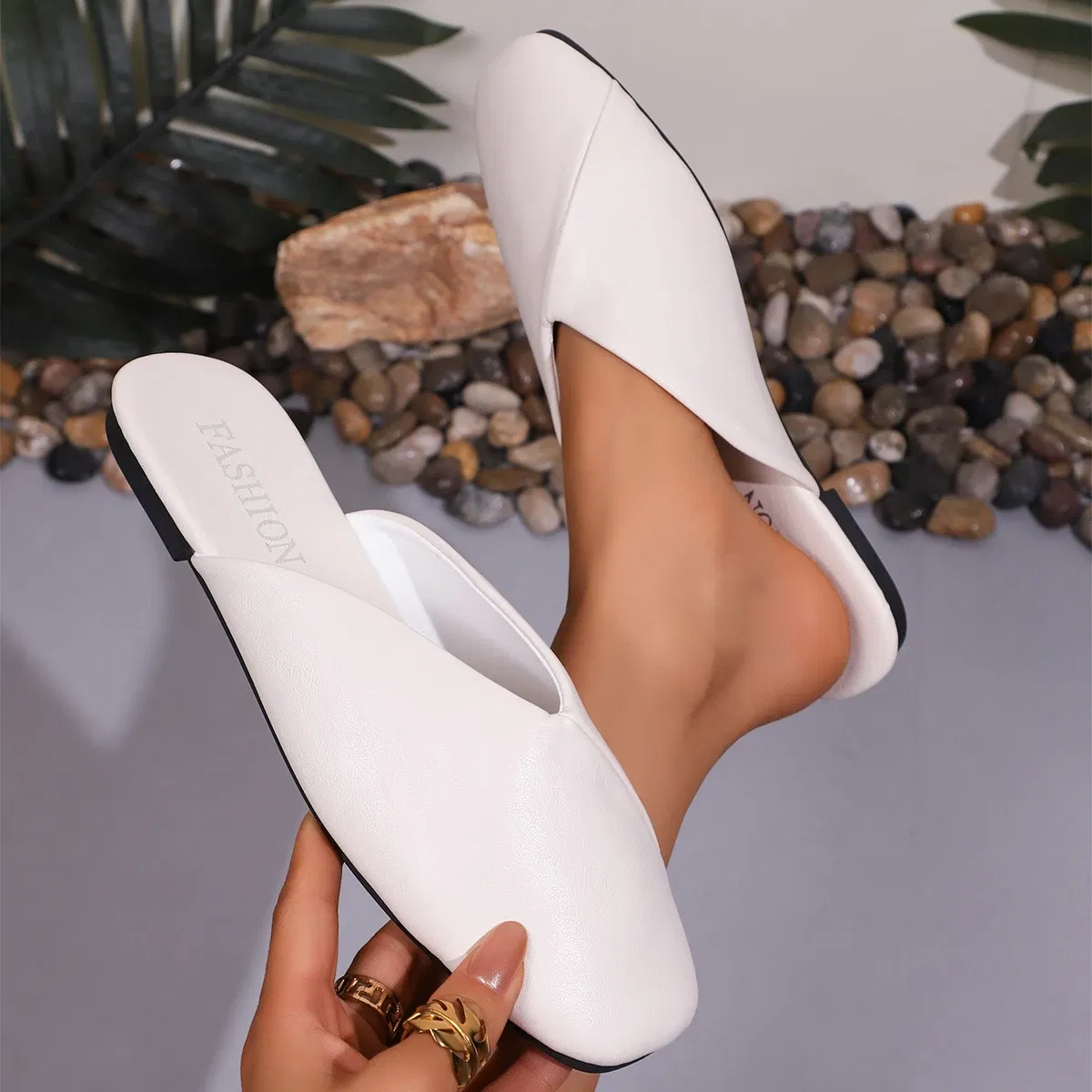 Color: black, Shoe Size: 41 - Fashion Slip on Mules Big Size 43 Flat Slippers 2024 Summer Women Flat Casual Outdoor Square Toe Shoes Ladies Slippers
