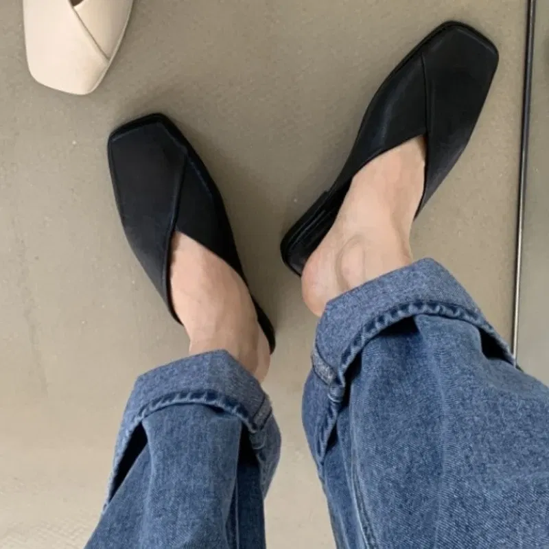Color: black, Shoe Size: 41 - Fashion Slip on Mules Big Size 43 Flat Slippers 2024 Summer Women Flat Casual Outdoor Square Toe Shoes Ladies Slippers