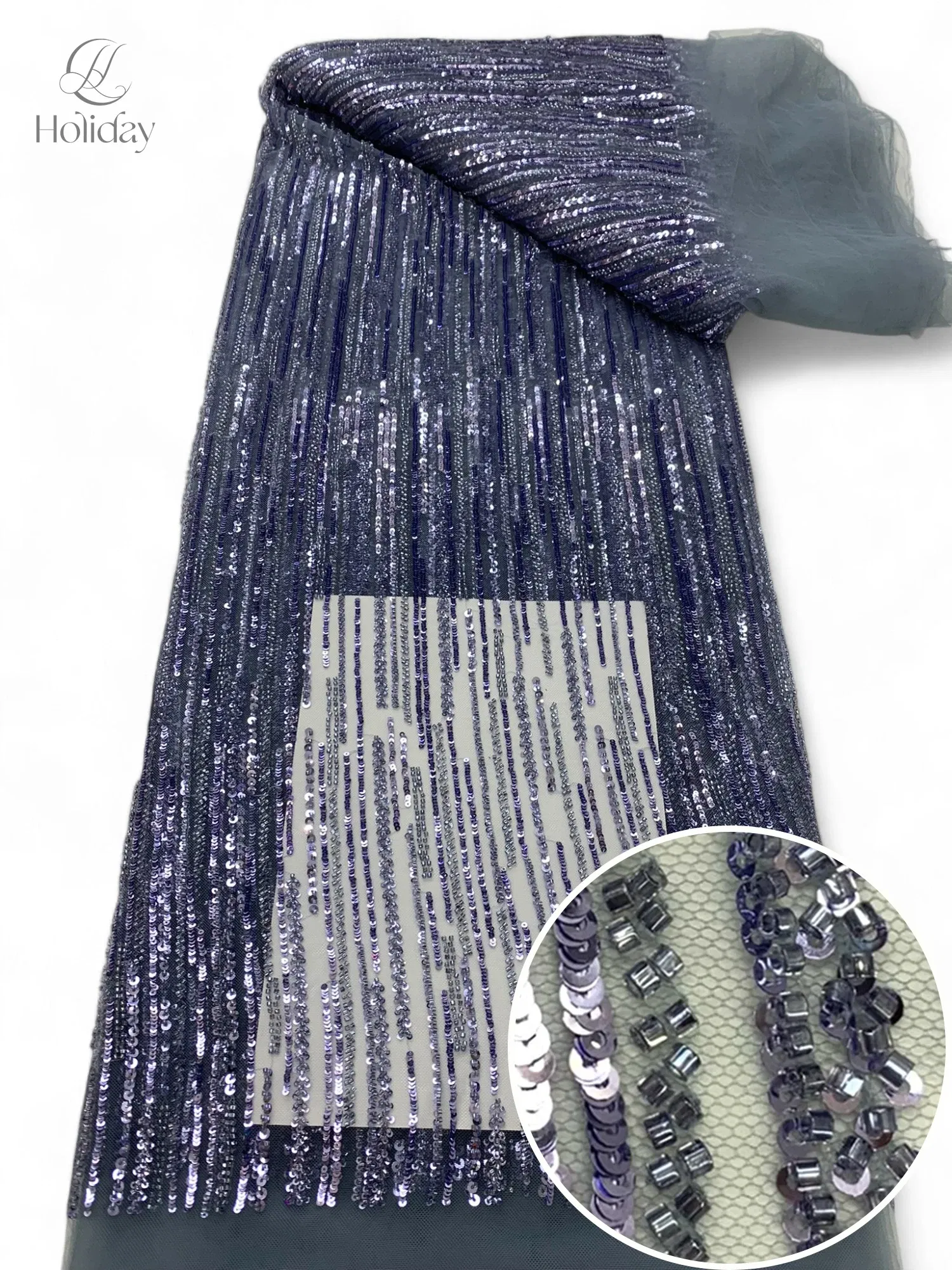 Color: GRAY, Width: 130cm, Length: 3 YARDS - 3Y/piece Latest Nigerian Sequins Lace Fabric Beaded Lace Fabric Luxury French Embroidery Groom Lace Fabric For Wedding Dress