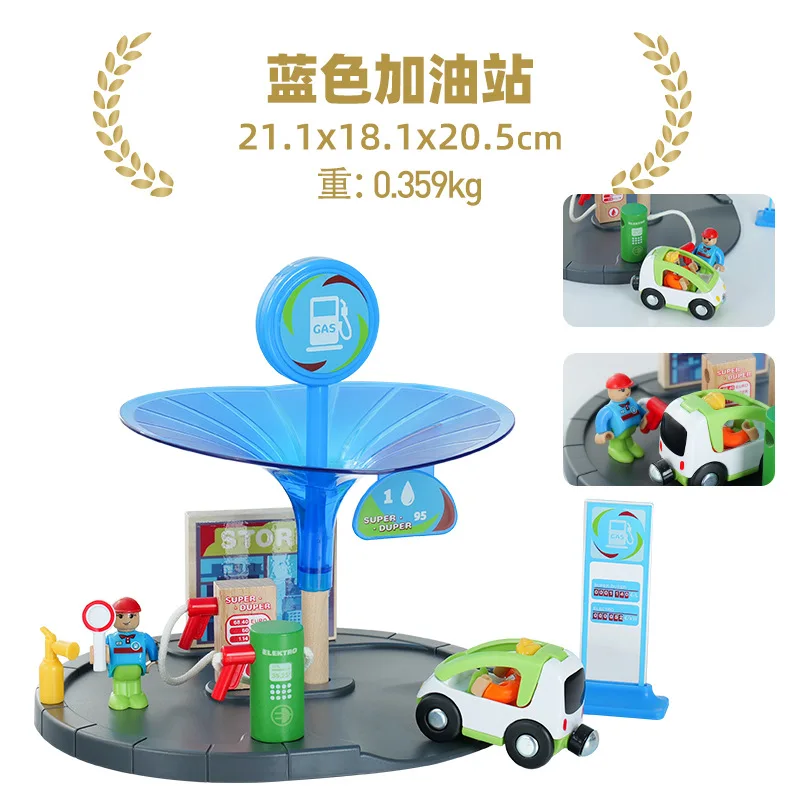 Color: light green - Wooden Train Tracks Railway Toys Set Parking lot apron fire station gas station rotary crane Overpass Model for Kids Toys Gifts