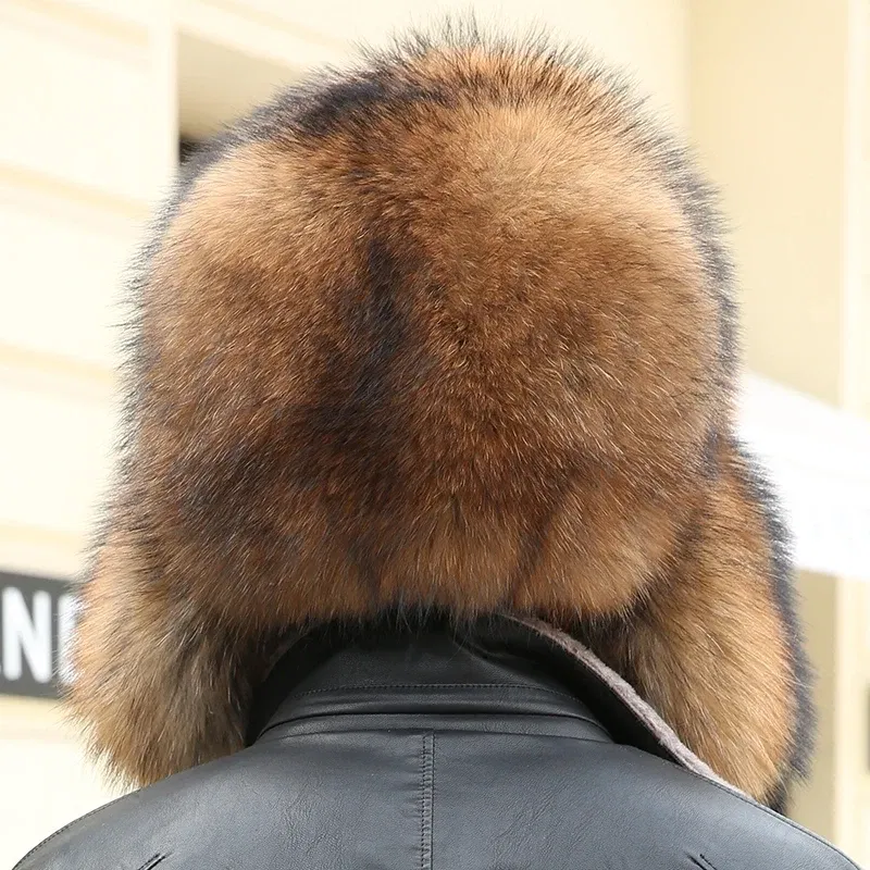 Color: WHITE, Hat Size: 56 - 2025 Winter 100% Real Silver Fox Fur Bomber Hat Raccoon Fur Ushanka Cap Trapper Russian Men's Ski Hats Caps