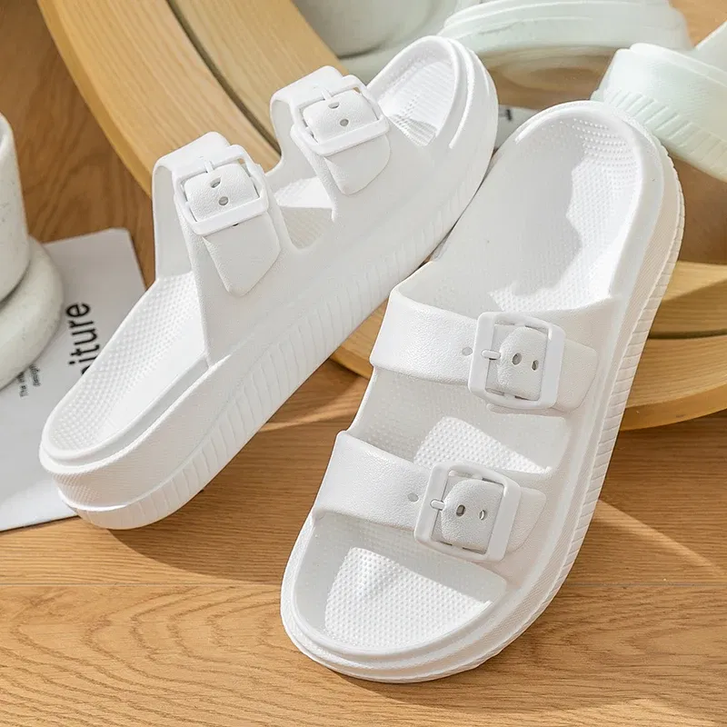 Color: Grape, Shoe Size: 33.5 - Thick Platform Cloud Slippers Women Double Buckle Soft Sole Pillow Slides Sandals Woman Summer Beach Non-Slip Flip Flops