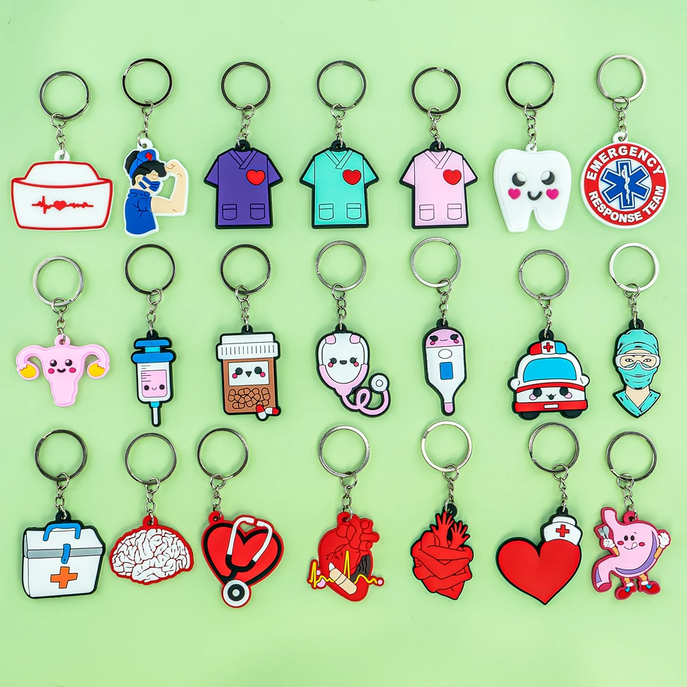 Color: Khaki - 1PCS PVC Rubber Hot Keychain for nurses New Design Medicine Style Heart & Brain Car Key Pendant Cute Bag Ornament Gift