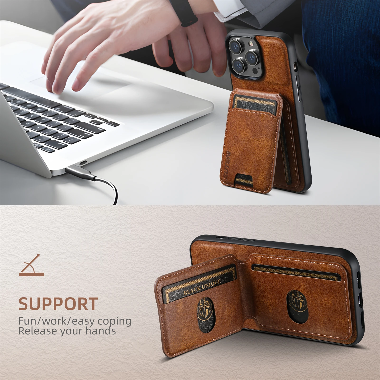 Color: Coffee, Material: Cotton Fabric - SUTENI Card Holder Leather Magnetic Pocket Cover Wallet Phone Case For iPhone X XS XR 11 12 13 14 15 Pro Max Plus