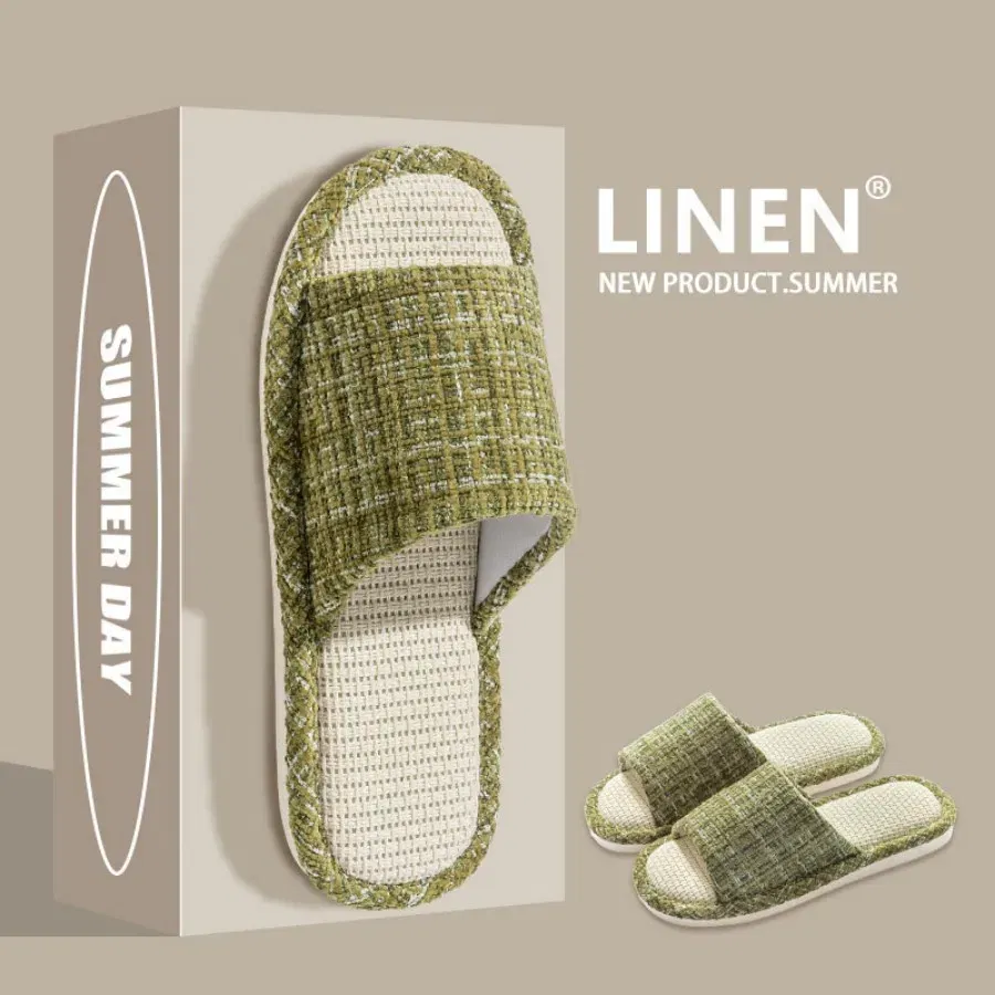 Color: Beige, Shoe Size: 36-37 - 2024 New Women's Fashion Home Linen Couple Slippers Breathable Home Shoes Moisture Absorbing Anti slip Cotton Linen Slippers