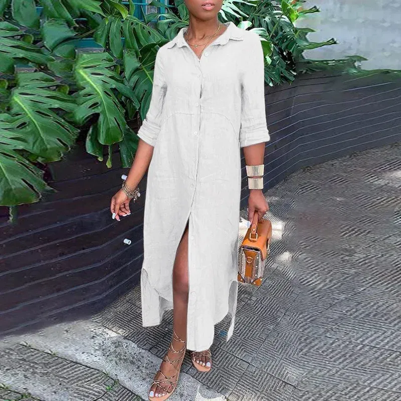 Color: WHITE, Size: XXXL - Long Shirt Dress Women Autumn Cotton Linen Leisure Turn Down Collar Maxi Dresses Female Elegant Loose Beach Spring Vestidos