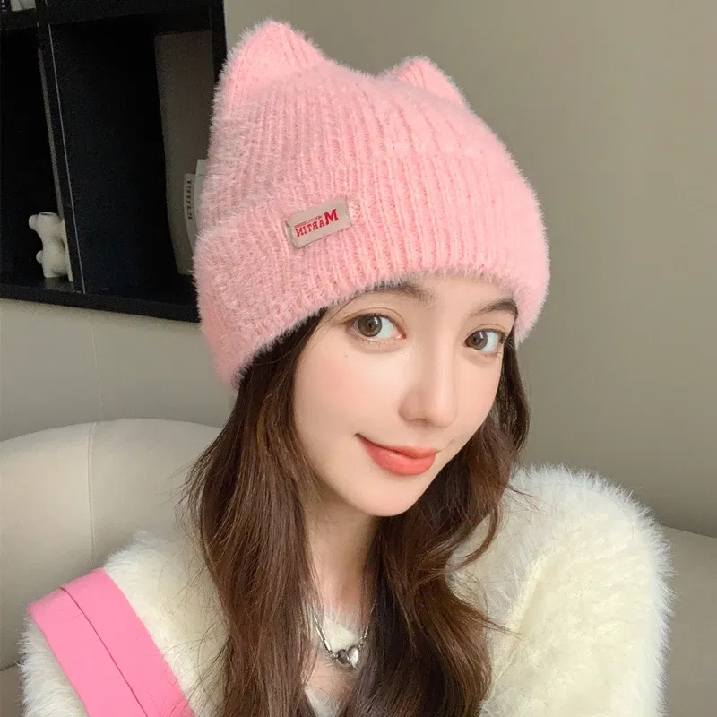Color: army green, Size: One Size - New Women Cute Cat Ear Earflap Winter Hat Fashion Faux Fur Knitted Hat Kpop Style Soft Beanie Hats Candy Female Streetwear Cap