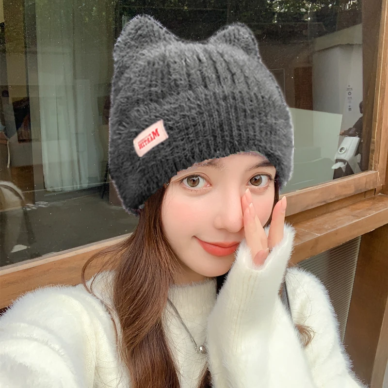 Color: army green, Size: One Size - New Women Cute Cat Ear Earflap Winter Hat Fashion Faux Fur Knitted Hat Kpop Style Soft Beanie Hats Candy Female Streetwear Cap