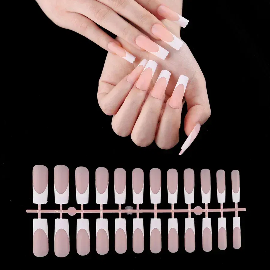Color: Dark Grey - 24Pcs/bag French False Nails Frosted Press on Fake Nail Tips Full Cover Artificial Fingernails Ballet Detachable