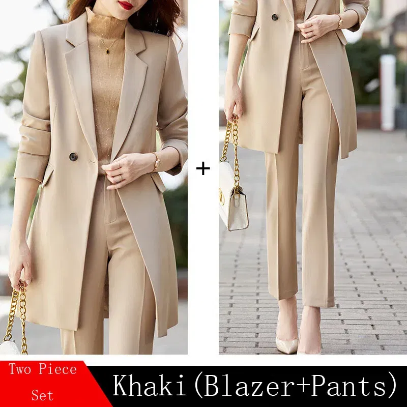 Color: Khaki, Size: XL, Ships From: CHINA - High End Office Professional Women's Blazer Pants 2-Piece Set Fall Fashion Long Female Jacket Over Business Suit Casual Trousers